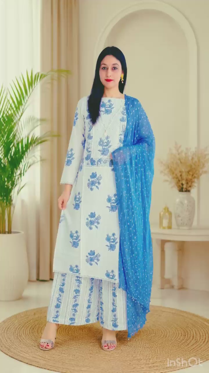 Graceful White & Blue Cotton Suit with Floral Print and Dotted Dupatta
