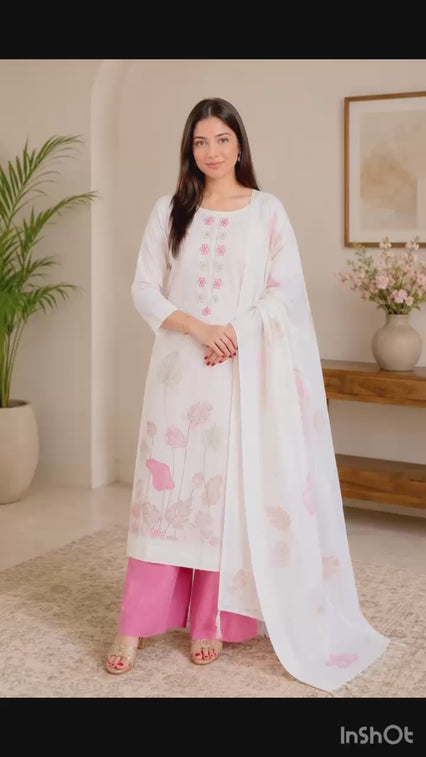 Elegant White Floral Printed Suit Set with Pink Pants & Dupatta