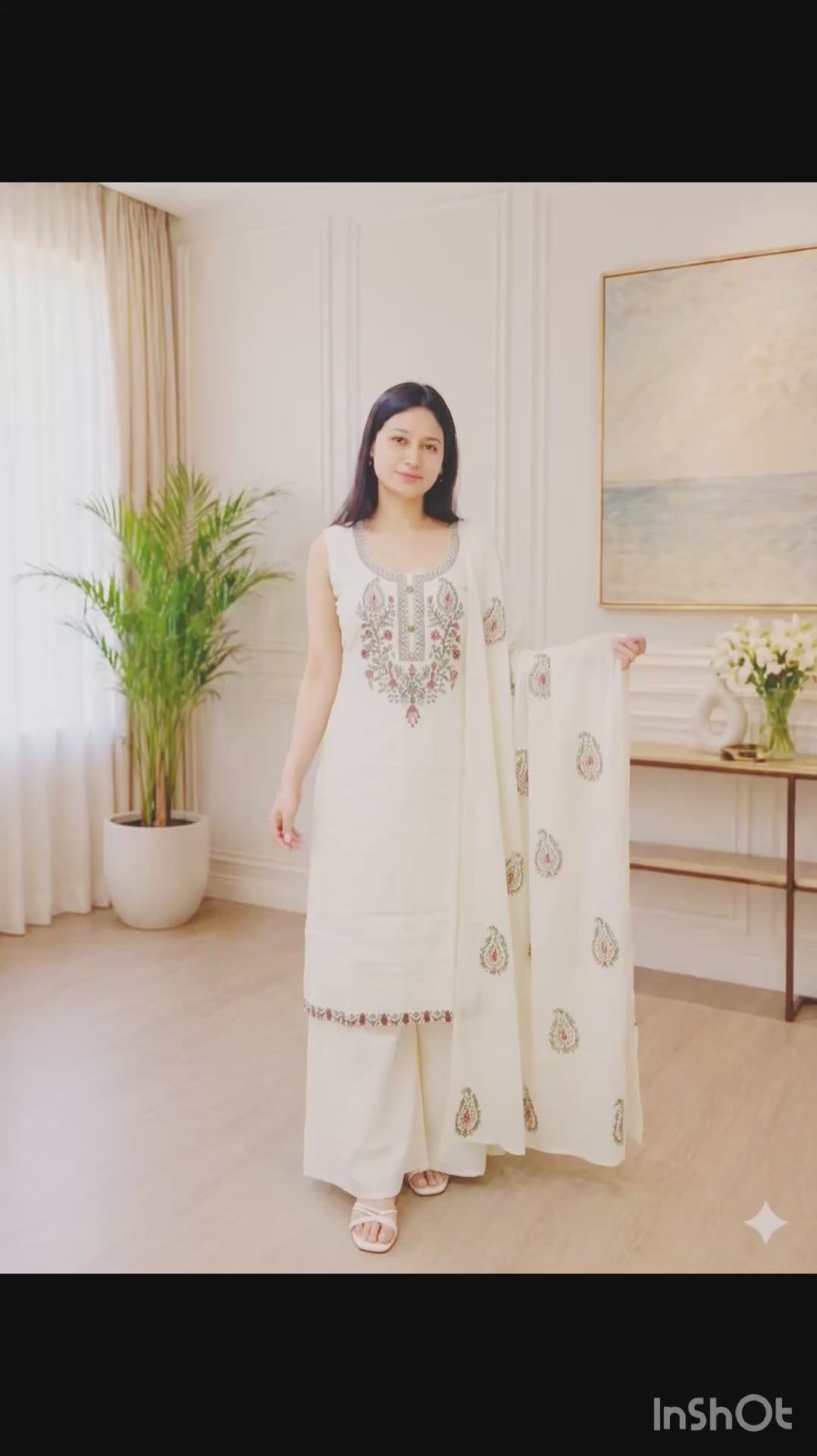Elegant Cream Cotton Suit with Floral Thread Embroidery & Dupatta