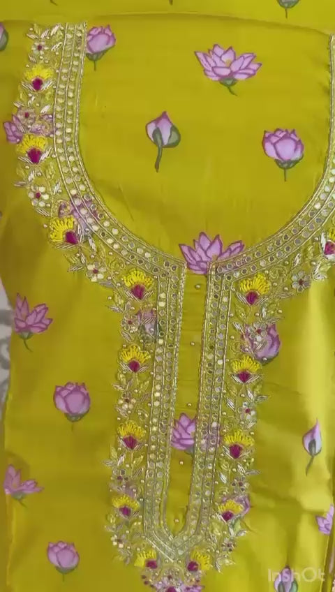 Soft cotton with elegant floral prints and heavy neckline work