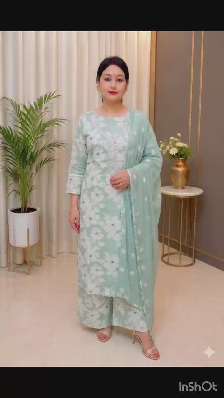 Pastel Mint Floral Printed Cotton Suit with Dupatta